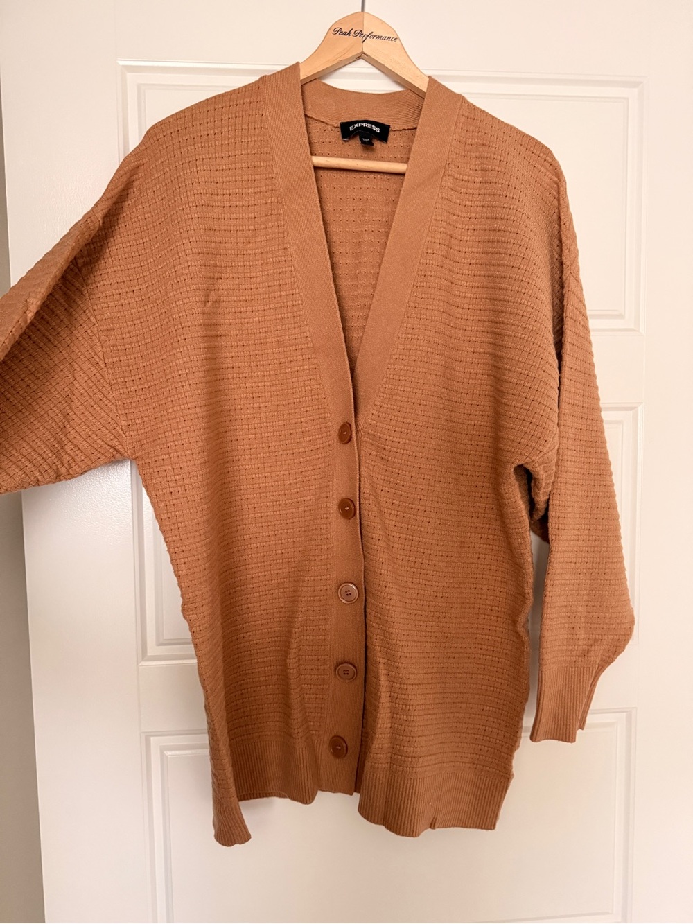 Express Button-Front Ribbed Cardigan — Camel Brown - Picture 2 of 4